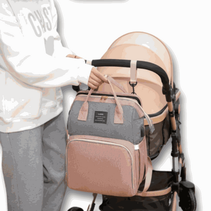 Sac à dos pratique Sac à dos pratique gris et rose en tissu, avec poches zippées, anses et sangles réglables pour poussette