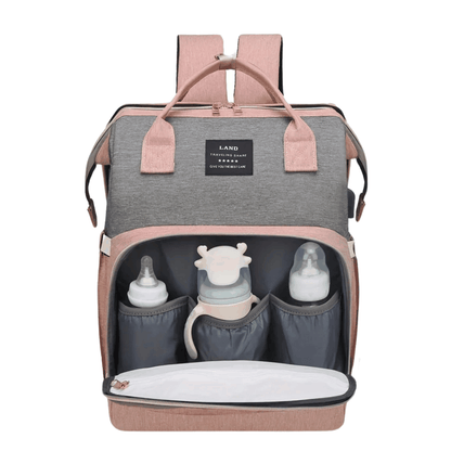 Sac à dos pratique Sac à dos pratique gris et rose en tissu, doté de compartiments pour biberons et d’un rangement frontal isotherme