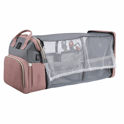 Sac à dos pratique Sac à dos pratique rose et gris en tissu, avec berceau pliable intégré, fenêtre en maille et bordure décorative blanche