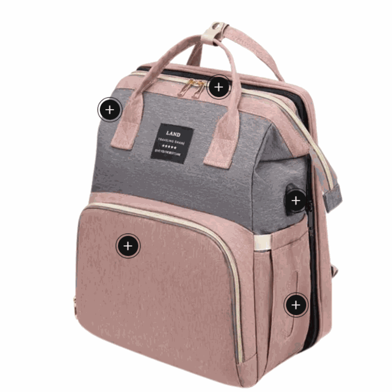 Sac à dos pratique Sac à dos pratique gris et rose en tissu, avec poches zippées, compartiments latéraux et poignées supérieures.